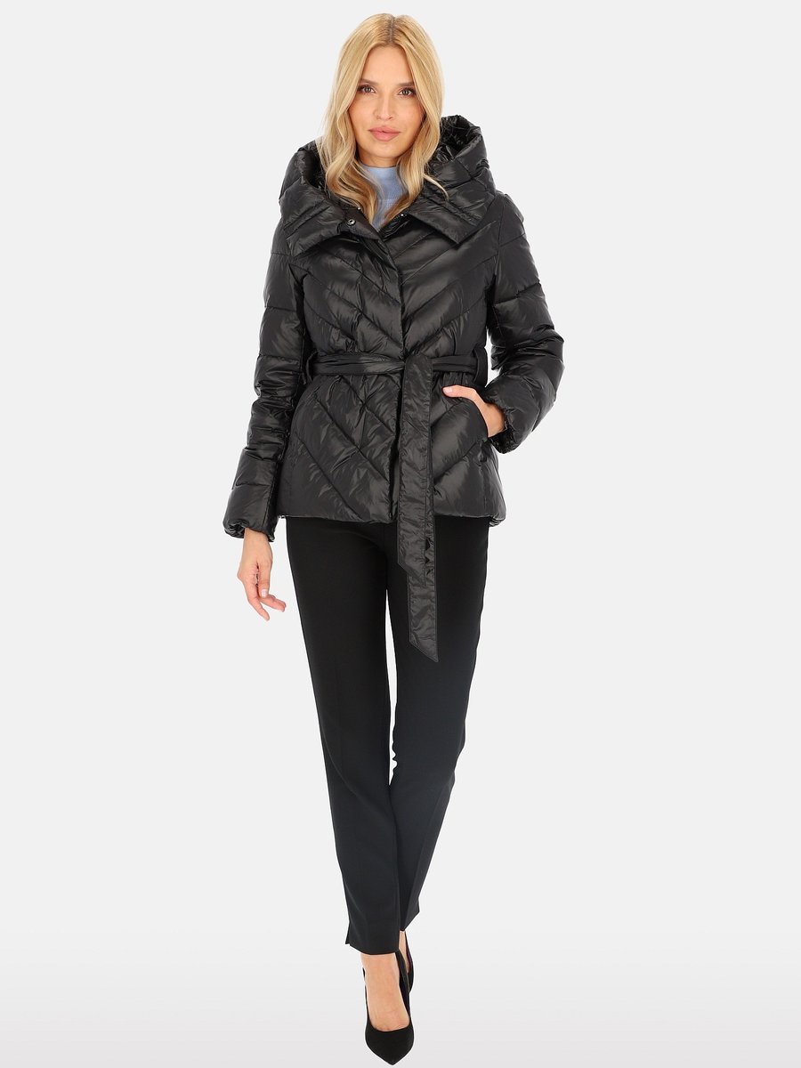 Krótka wiązana puchowa kurtka damska z kapturem XL Czarny