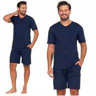 Piżamy damskie - Gładka PIŻAMA MĘSKA Elegancka Krótki Rękaw Szorty Wygodna Granat MORAJ M - miniaturka - grafika 1