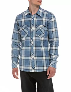 Koszule męskie - Replay Męska koszula z długim rękawem z bawełny, Medium Blue/Natural White 010, XS - grafika 1
