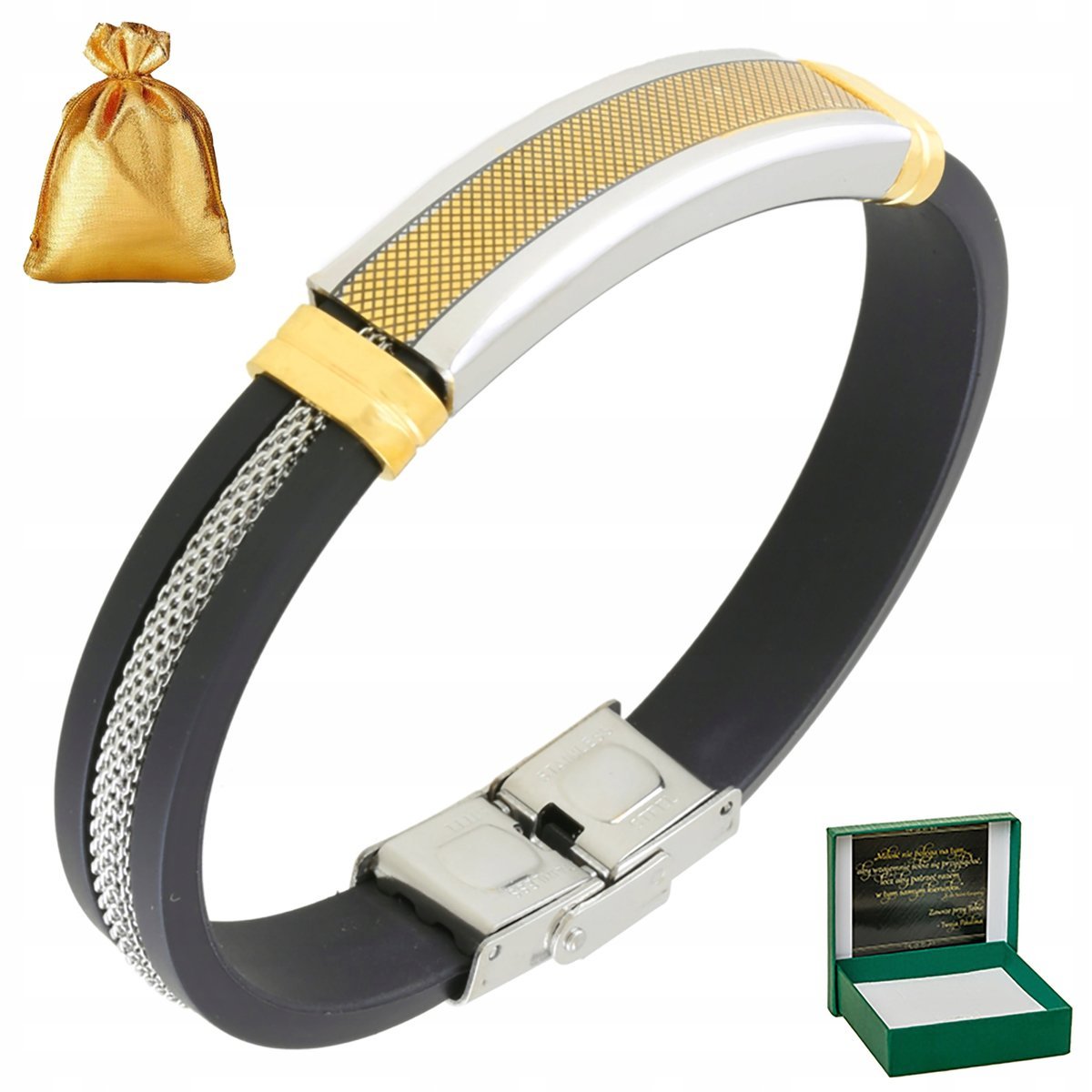 Bransoletka Męska Skórzana Złota / Czarna / Srebrna Regulowana + Dedykacja