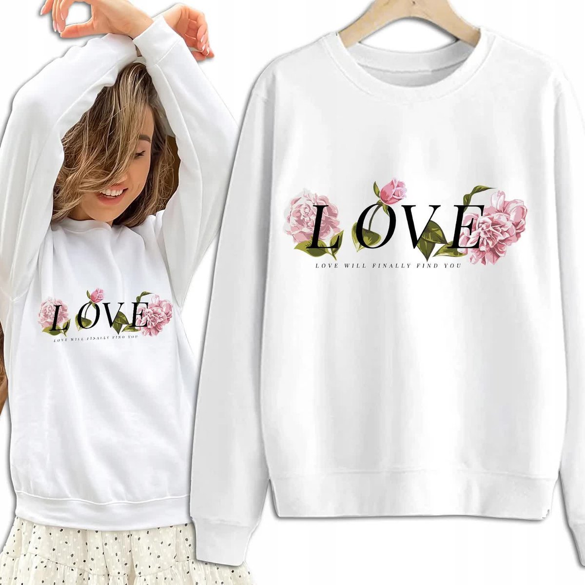 Bluza Damska Biała Dresowa FINALLY FIND YOU Kobiece Dziewczęce Wzory - M