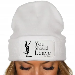 CZAPKA Jesienna BAWEŁNIANA ZIMOWA Ciepła BIAŁA BEANIE YOU SHOULD LEAVE Wz - Czapki damskie - miniaturka - grafika 1