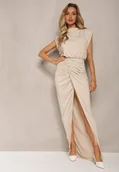Sukienki - Beżowa Dopasowana Sukienka Maxi z Rozcięciem i Poduszkami w Ramionach Racbba - miniaturka - grafika 1