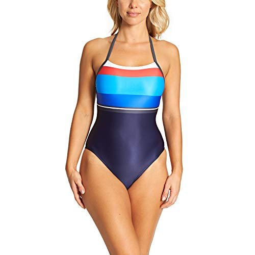 Zoggs Damski Pop Block T Back Eco tkanina jednoczęściowy strój kąpielowy Granatowy/pasek 32-Inch/Size 8