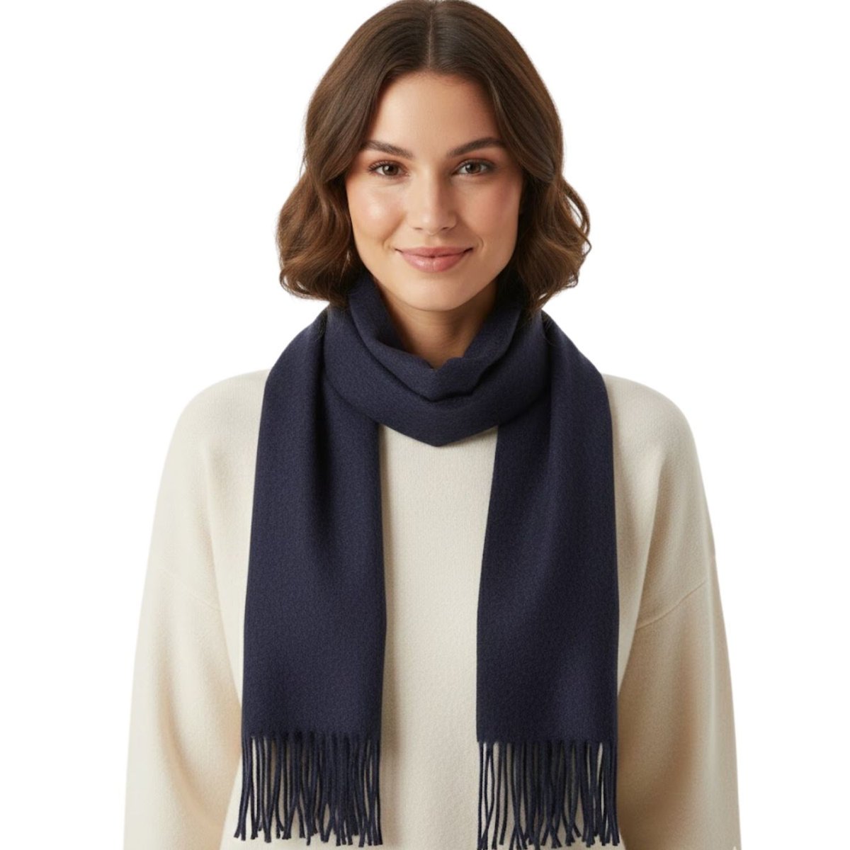 Szalik damski Ma.Al.Bi kaszmirowy granatowy z frędzlami