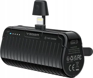 Powerbank Veger VEGER powerbank 5000 mAh z wbudowanym złączem Lightning PlugOn PD QC3.0 2,4A 20W W0558P czarny - Powerbanki - miniaturka - grafika 1