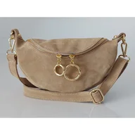 Torebki damskie - Włoska zamszowa listonoszka, nerka Vera Pelle złote okucia kółka Beżowa LN633T - miniaturka - grafika 1