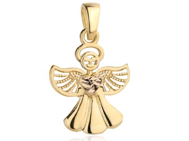 Złota zawieszka 585 aniołek z diamentowanym serduszkiem wisiorek na łańcuszek