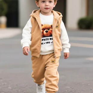 TEMU Chłopięcy zestaw 3-częściowy zimowy dres z ozdobą misia i napisem „ ” – kurtka z kapturem, bluza z nadrukiem misia i spodnie dresowe, wygodny - Dresy i komplety dla chłopców - miniaturka - grafika 1