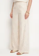 Spodnie damskie - Beżowe Bawełniane Spodnie o Prostym Kroju Zdobione Ażurowym Haftem Tolelina - miniaturka - grafika 1