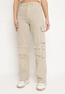 Spodnie damskie - Beżowe Bawełniane Spodnie Typu Bojówki z Wysokim Stanem i Kieszeniami Azalana - miniaturka - grafika 1