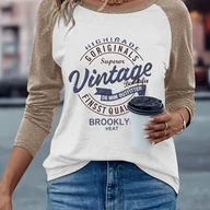 Bluzki damskie - TEMU 1 szt. T-shirt z długim rękawem w stylu vintage - swobodny, okrągły dekolt, kolorowy design z nadrukiem litery "Queen Highland", idealny na - miniaturka - grafika 1