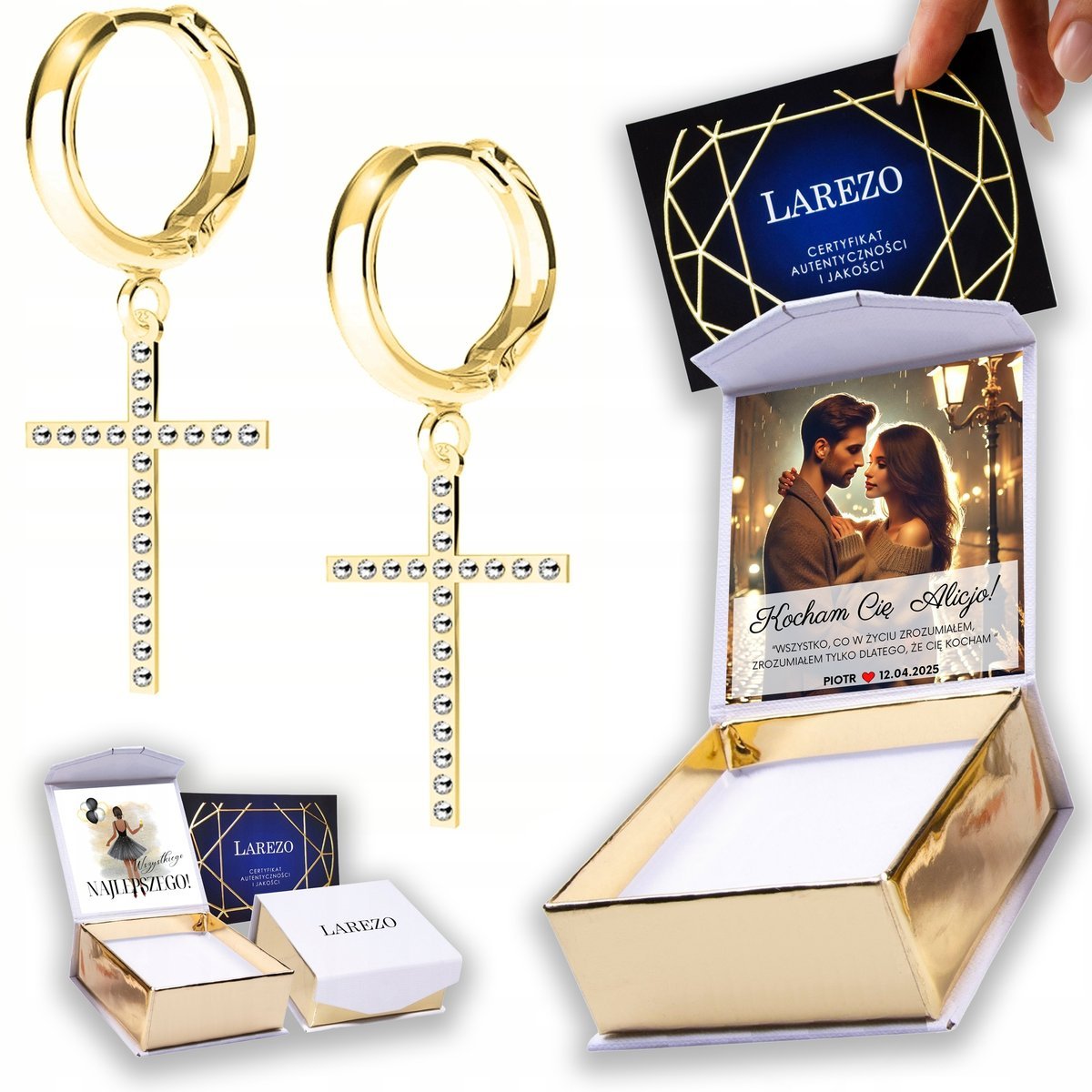 Złote Kolczyki 925 Krzyżyk Cross Krzyże Krzyżyki z Cyrkoniami NADRUK