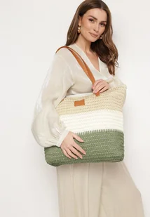 Beżowo-Zielona Torebka Tote w Stylu Boho z Plecionki na Suwak Rin - Torebki damskie - miniaturka - grafika 1