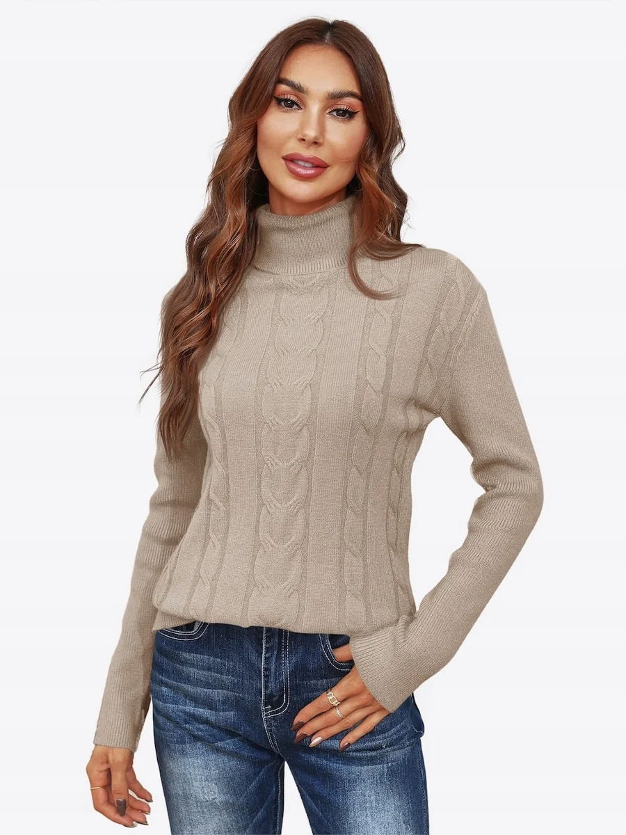APRICOT BEŻOWY SWETER Z GOLFEM I FAKTUROWANYMI WARKOCZAMI XL 12GA