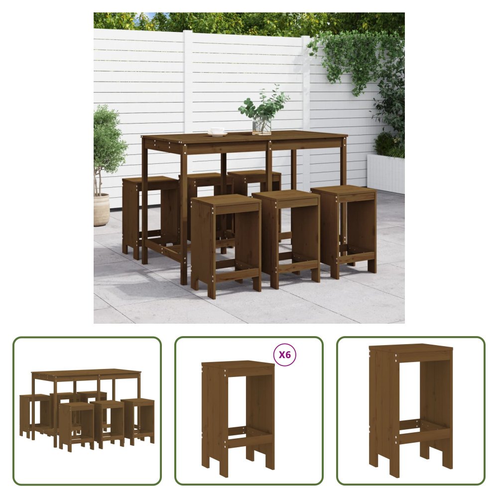 The Living Store 7-częściowy ogrodowy zestaw barowy miodowy brąz lite drewno sosnowe