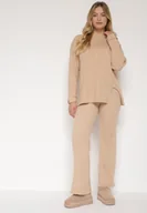 Komplety damskie - Beżowy Komplet z Bawełną i Wełną Sweter z Guzikami i Proste Spodnie Reisadia - miniaturka - grafika 1