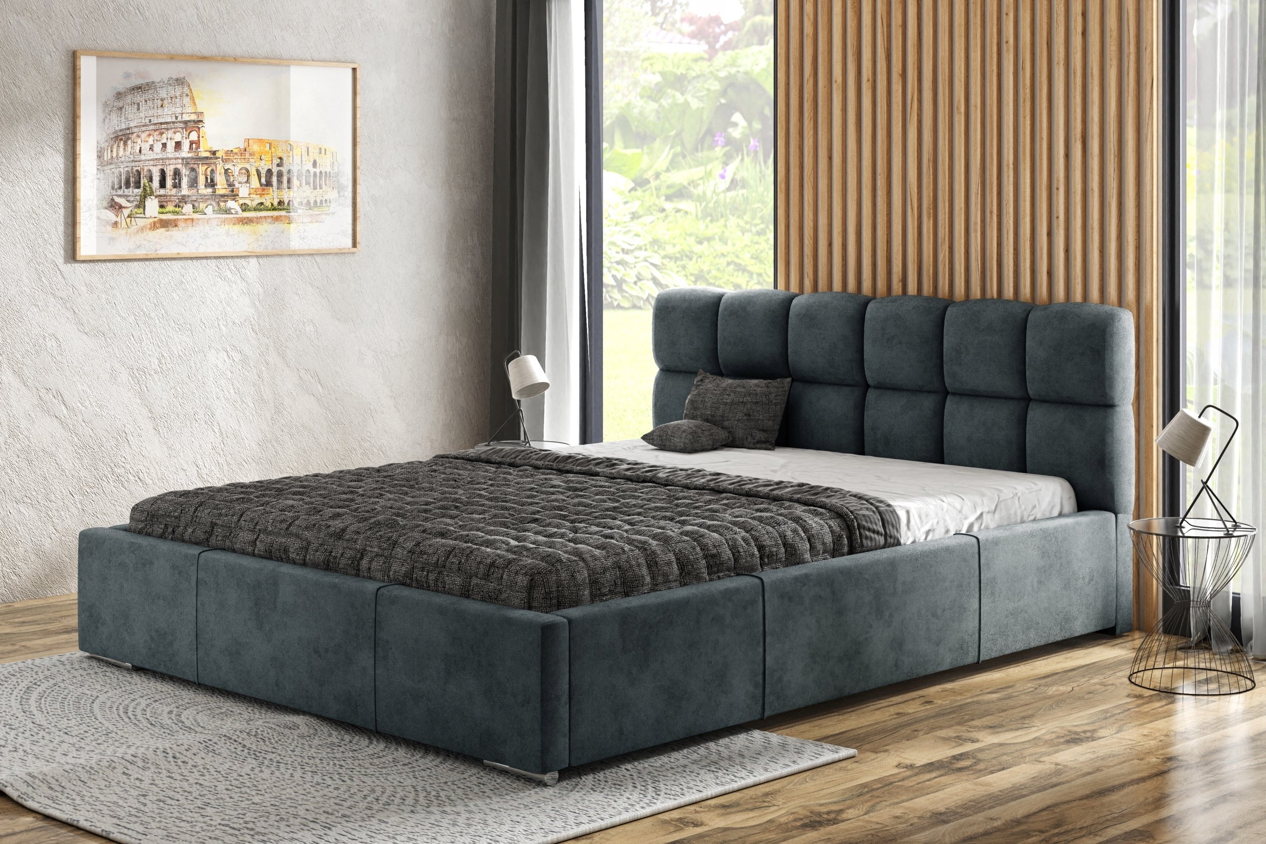 Łóżko tapicerowane AGMAT MALTA z wezgłowiem, 180 x 200 cm, łóżko podwójne z podstawą łóżka i metalową ramą z listew, tkanina welurowa: ciemnoszary