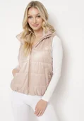 Kamizelki damskie - Beżowa Kamizelka z Odpinanym Kapturem i Kieszeniami Pikowana Aggevia - miniaturka - grafika 1