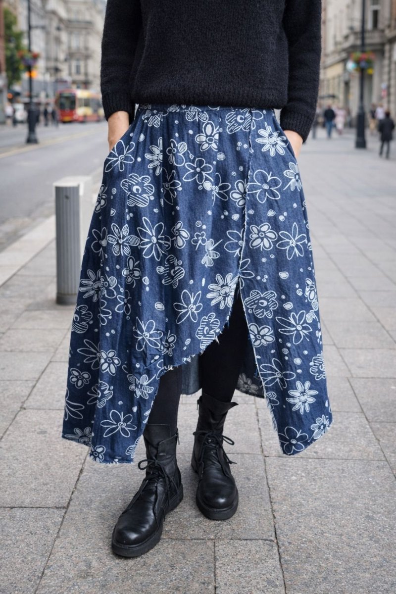 Spódnica damska asymetryczna midi w kwiaty granatowa Uniwersalna