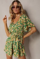 Kombinezony - Zielono-Żółty Kombinezon w Kwiaty z Krótkim Rękawem z Gumką w Talii i Paskiem Biacelia - miniaturka - grafika 1