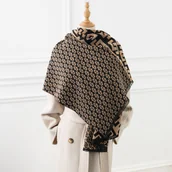 Apaszki i szaliki damskie - elegancki damski SZAL na zimę ciepły SZALIK szykowny 180x66 beżowo-czarny - miniaturka - grafika 1