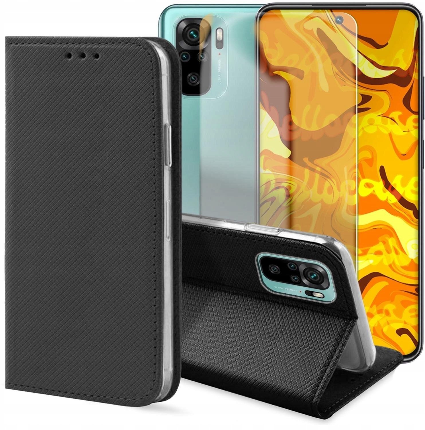 Hello Case Etui z Klapką Do Xiaomi Redmi Note 10 Czarne, Zamykane, Kabura Szkło BNDL1217