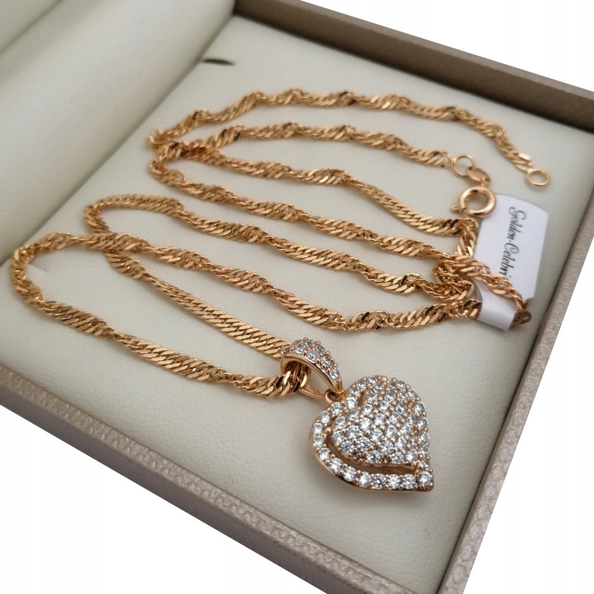 Złoty Naszyjnik + Kryształowe Serce 18K 50Cm 3Mm