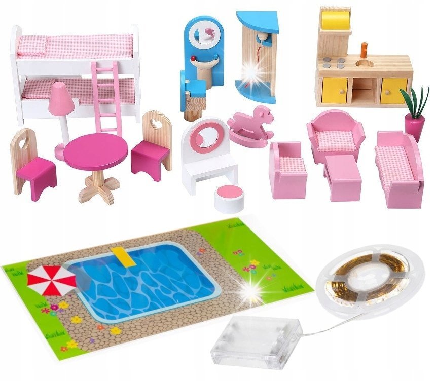 Domek dla Lalek Drewniany Duży XXL Willa Meble Basen Akcesoria dla Dzieci