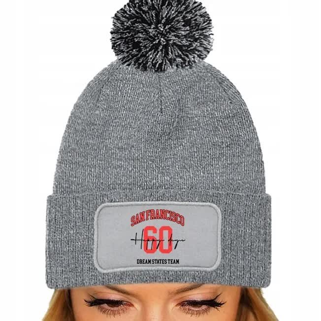 CZAPKA POMPON Jesienna Bawełniana ZIMOWA Szara SAN FRANCISCO USA Wzory