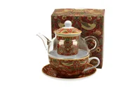 Zaparzacze i kawiarki - Dzbanek do herbaty, szklany z filiżanką, spodkiem i zaparzaczem DUO Strawberry Thief Red William Morris 330 ml - miniaturka - grafika 1
