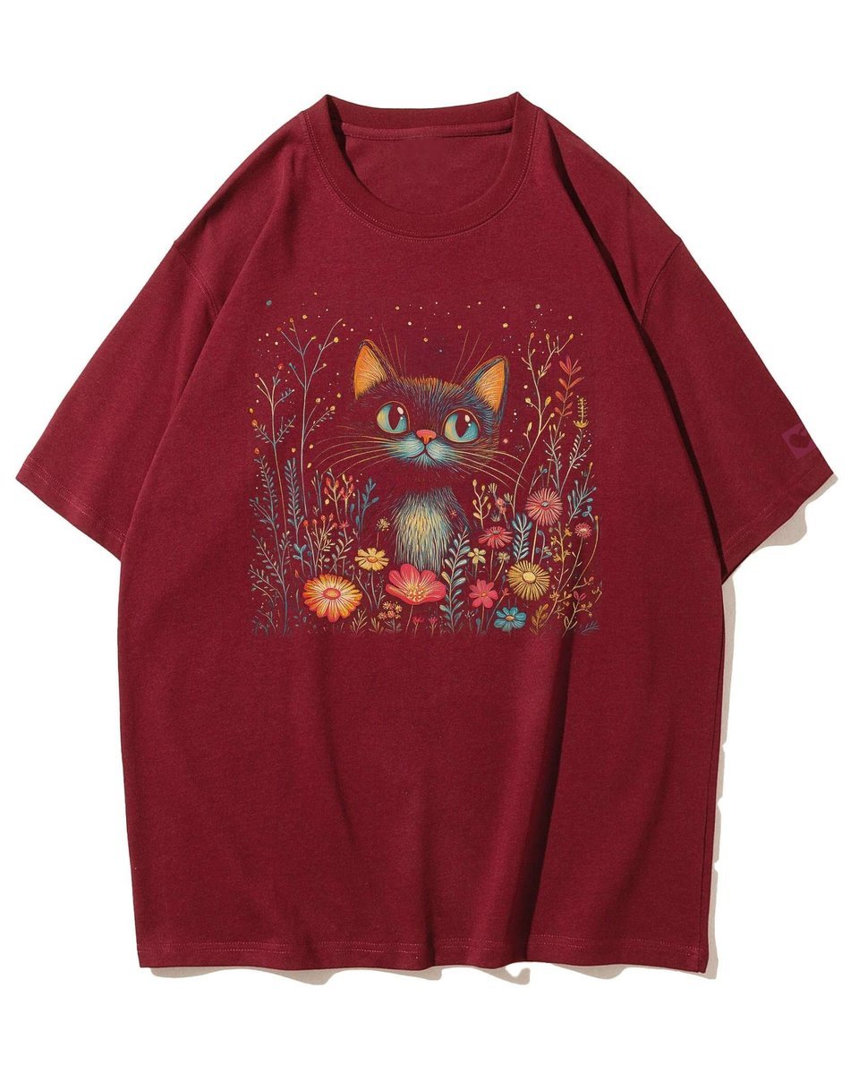 Koszulka oversize Słodki Kot w Kwiatach Artystyczny Bordowy 3XL