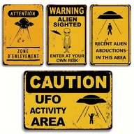 Rękodzieło - TEMU 2D Płaskie, 4 sztuki Vintage UFO Obcy Metalowe Znaki z Humorystycznym Tekstem Ostrzegawczym - 12x8 Cali Retro Dekoracje Ścienne do Męskiej - miniaturka - grafika 1