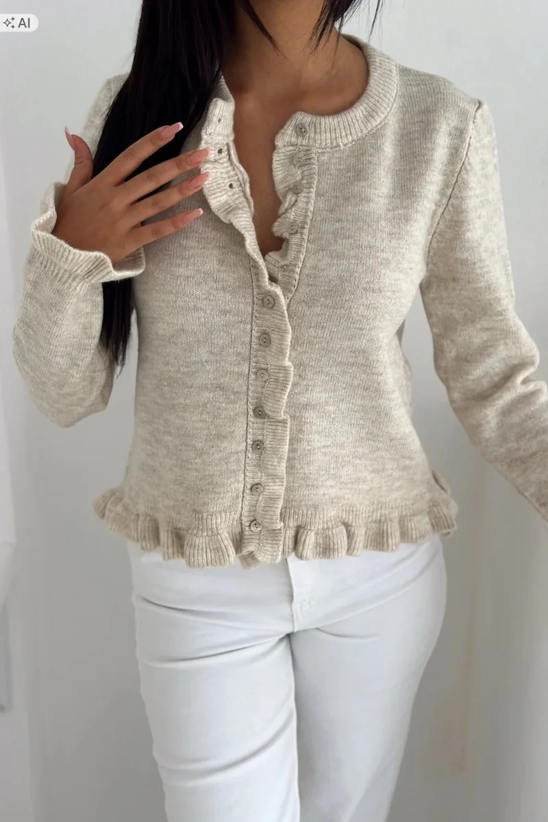 MIĘKKI BEŻOWY SWETER DAMSKI Z FALBANKAMI ELEGANCKI 5IA