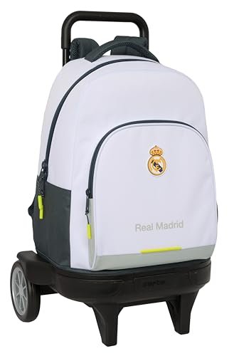Safta REAL MADRID EQUIPATION 25/26 - Duży plecak na kółkach, Compact Evolution, zdejmowany, idealny dla dzieci w różnym wieku, wygodny i wszechstronny, jakość i wytrzymałość, 33 x 22 x 45 cm, biała, M