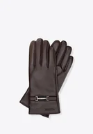 Rękawiczki - Damskie rękawiczki ze skóry naturalnej z ozdobnym paskiem ciemny brąz - miniaturka - grafika 1
