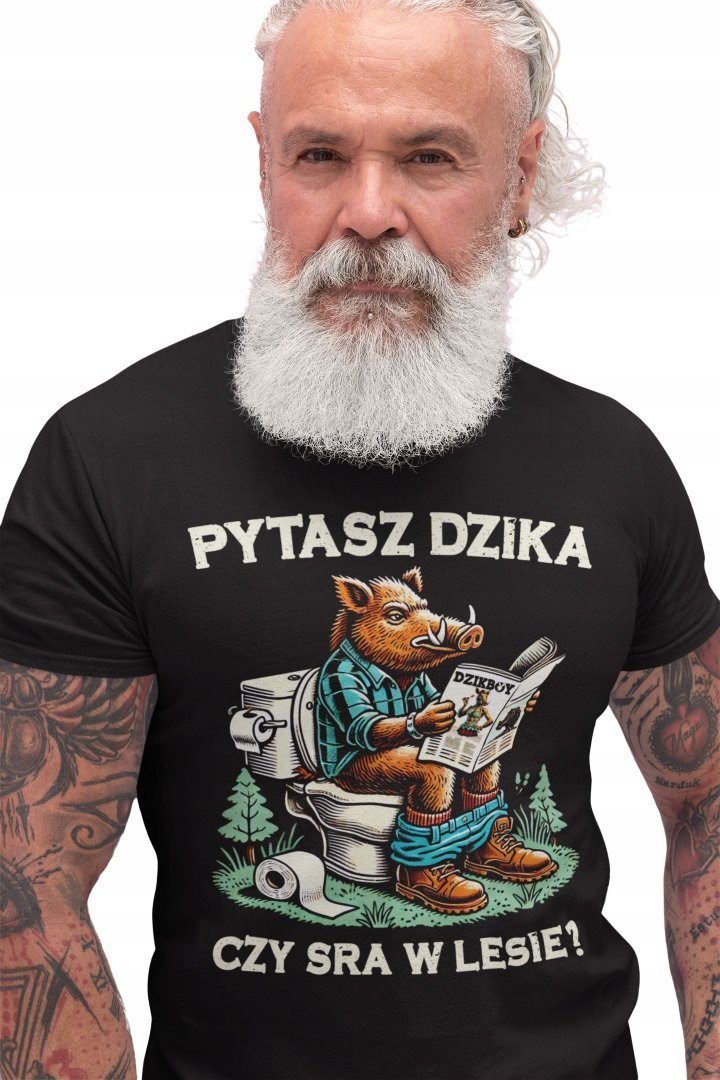 KOSZULKA Z NADRUKIEM T-SHIRT MĘSKI PYTASZ DZIKA CZY SRA W LESIE PREZENT L