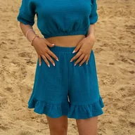 Spodenki damskie - Elegancki Zestaw Top I Szorty Z Gumką / 100% Bawełna - miniaturka - grafika 1