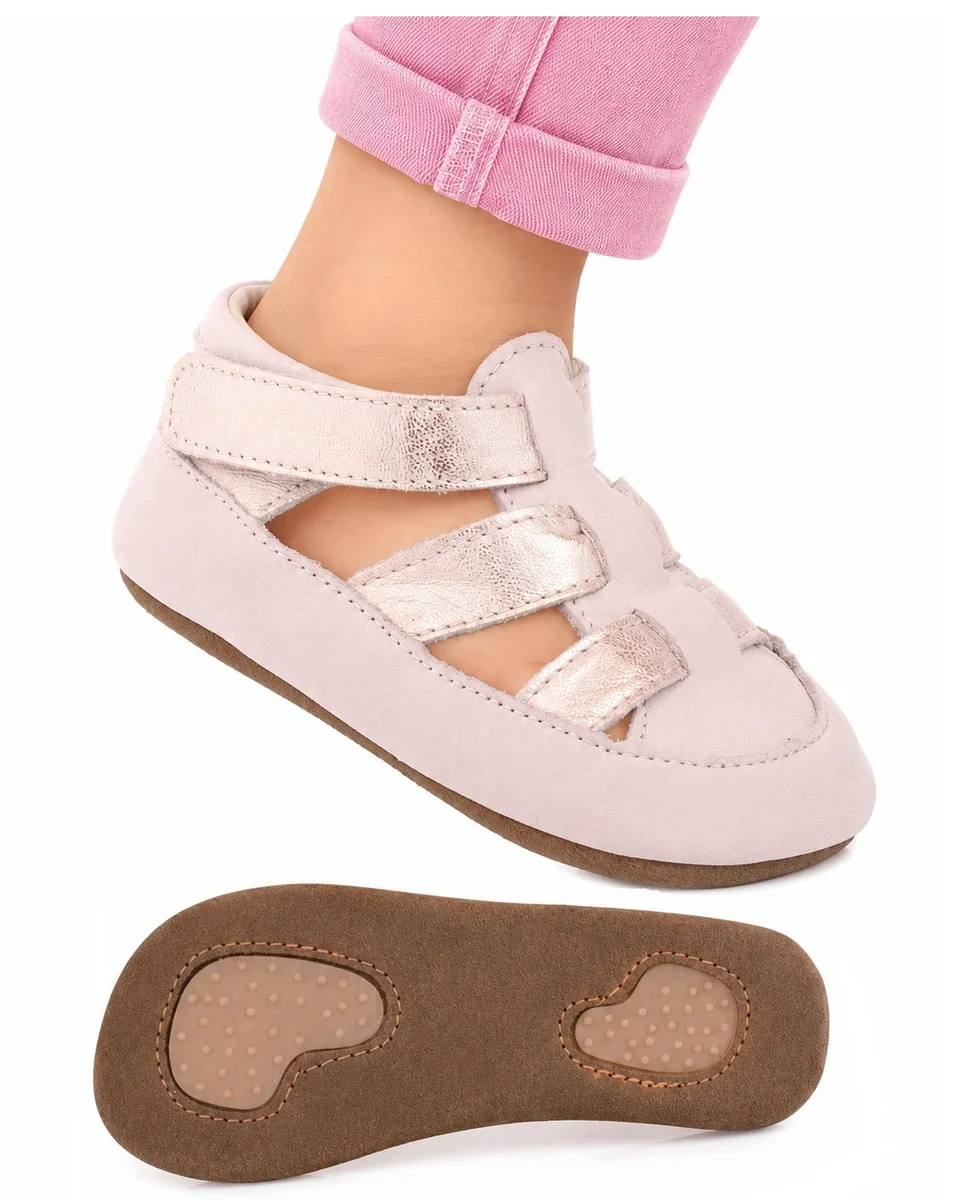 KAPCIE DZIECIĘCE BAREFOOT ZE SKÓRY NATURALNEJ NA RZEP RÓŻ OBEX LASTI ROZ.25