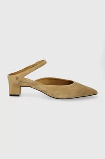 Czółenka - Tommy Hilfiger szpilki zamszowe TH POINTY MID HEEL LEATHER MULE kolor beżowy na słupku z odkrytą piętą FW0FW07718 - grafika 1