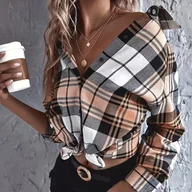 Koszule damskie - TEMU Elegancka koszulka damskich z kwadratowym wzorem - długi rękaw, Raglan, czarno-biały wzór, idealna na wiosnę/leto/jesień, styl , styl Góra z - miniaturka - grafika 1