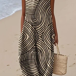 TEMU Damska sukienka na co dzień w paski - czarno-białe pionowe paski, luźny krój z okrągłym dekoltem, lekka letnia sukienka plażowa z bocznym - Sukienki - miniaturka - grafika 1