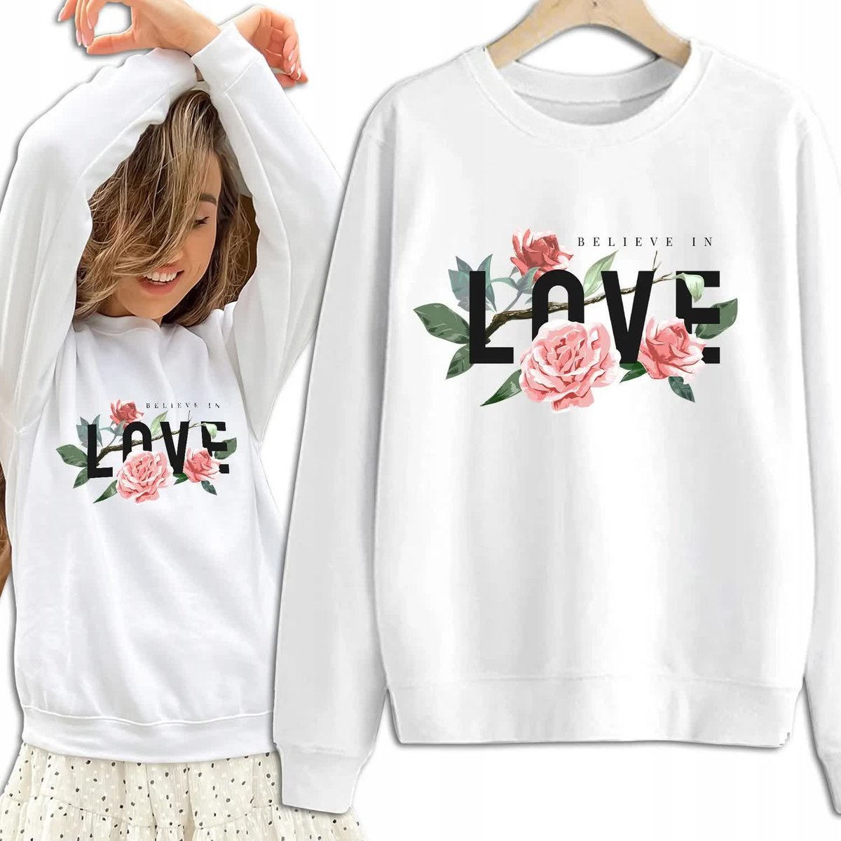 Bluza Damska Biała Dresowa BELIEVE IN LOVE Kobiece Dziewczęce Wzory Rozm M