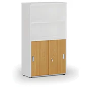 Szafy biurowe - Szafa biurowa kombinowana PRIMO WHITE, drzwi przesuwne na 2 poziomach, 1434 x 800 x 420 mm, biały/buk - miniaturka - grafika 1
