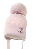 Czapki dla dzieci - Dziewczęca czapka na zimę KAMILA z pomponem pudrowy róż - miniaturka - grafika 1