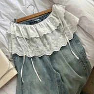 Spódnice - TEMU Elegancka biała spódnica z koronką i marszczonymi detalem - geometryczny wzór, uniwersalna na każdą porę roku dla kobiet, idealna do - miniaturka - grafika 1