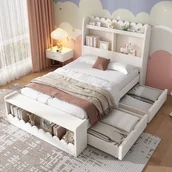 Łóżka dla dzieci i młodzieży - Łóżko dziecięce 90 x 190 cm z 2 szufladami, półką i ławeczką - Drewno lite + Płyta MDF - Stelaż z listew - Dąb/biały (bez materaca) - miniaturka - grafika 1