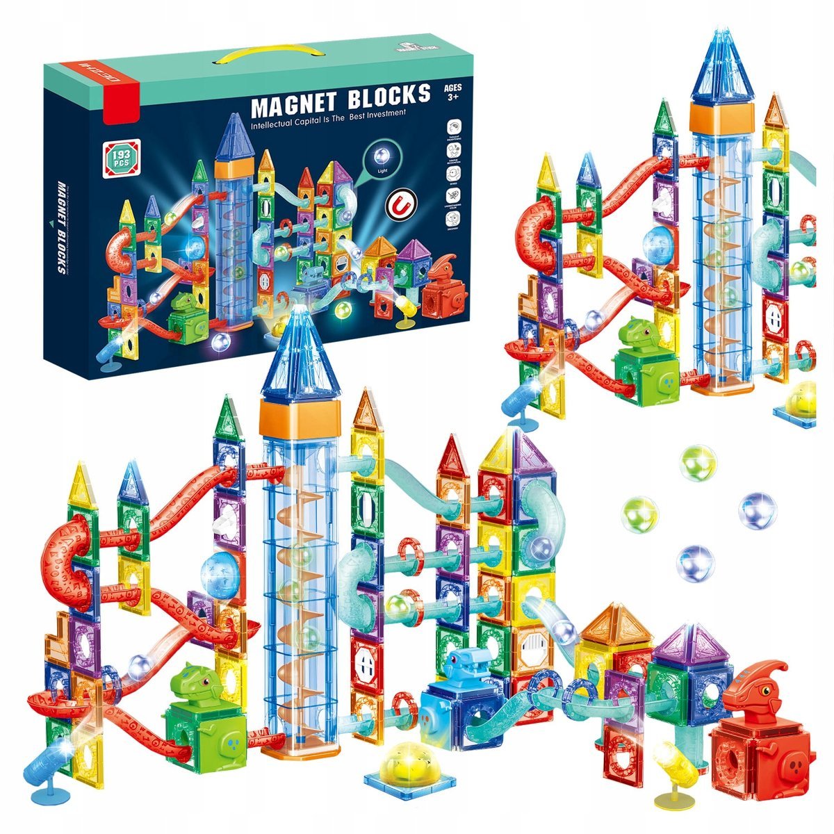 Świecący Tor Magnetyczny Dinozaur Dla Dzieci Klocki Edukacyjne Winda 194 El