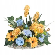 Sztuczne kwiaty - STROIK ŻÓŁTO-NIEBIESKI Wiosenna kompozycja Długa donica Hiacynty Róże - miniaturka - grafika 1