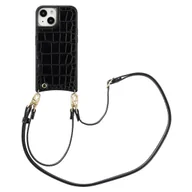 Etui i futerały do telefonów - Etui na telefon Selencia Nova Croco ze sznurkiem i uchwytem na kartę do Apple iPhone 15 - czarne - miniaturka - grafika 1